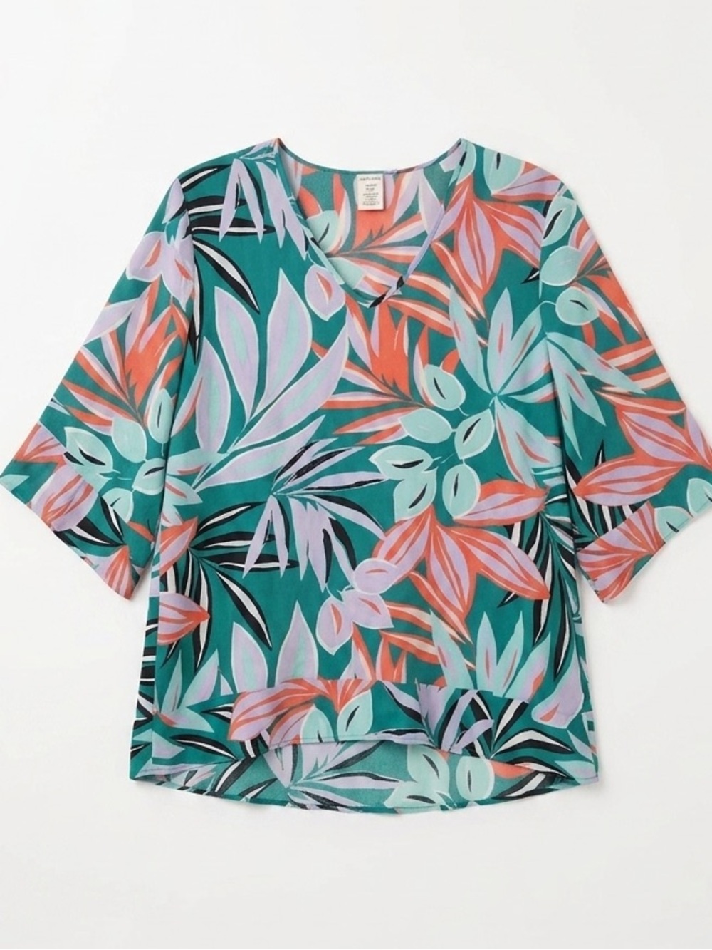 Anne Cole Teal and Coral Tropical Print V-Neck Top